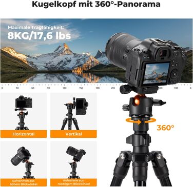 Штатив K&F Concept O234A1: компактний, легкий, для камери та смартфона, 163 см, алюміній