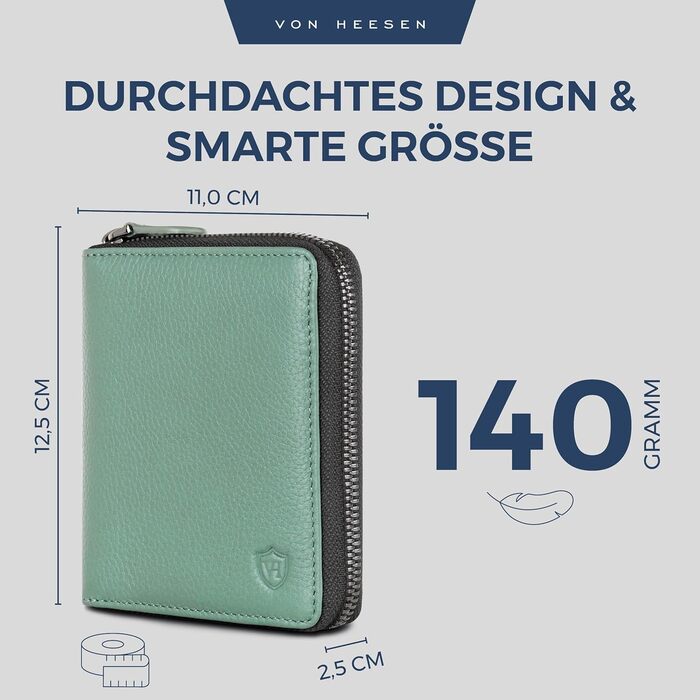 VON HEESEN гаманець із натуральної шкіри з RFID-захистом, бірюзовий, для чоловіків та жінок, з монетницею