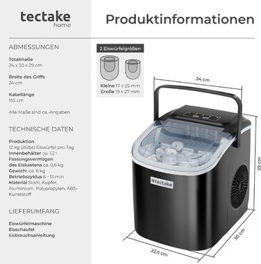 Машина для приготування льоду tectake® - швидке та зручне приготування льоду для дому та бару, чорний колір, 1,2 л, 12 кг/24 год, 2 розміри кубиків льоду, самоочищення, з лопаткою