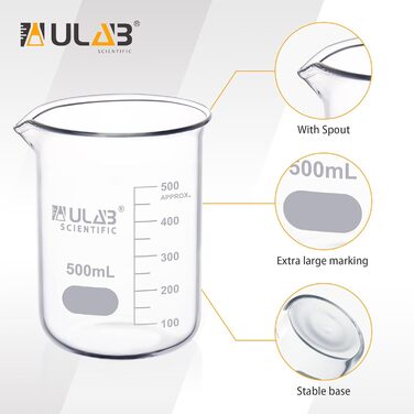 6 Pieces Berker 500ml Glass Beakers, Borosilicate Glass Beaker with Graduations, Glass Beaker Set for Laboratory, Kitchen, School UBG1038
