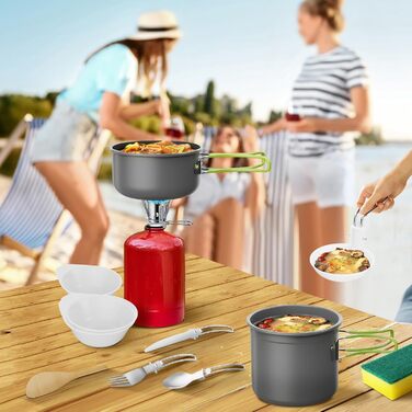 Набір посуду для кемпінгу з газовою плитою, туристичний посуд, складний набір каструль з алюмінію для BBQ, пікніка, походів (1-2 особи)