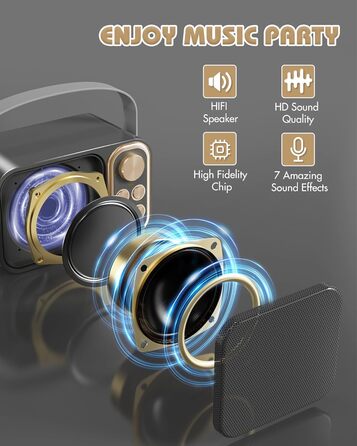Караоке машина з 2 мікрофонами, портативна Bluetooth колонка для дітей та дорослих, 7 голосових ефектів, ідеально для вечірок та днів народжень (Чорний)