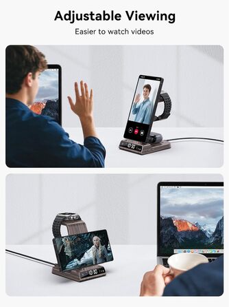 Бездротовий зарядний пристрій 3-в-1 для Samsung Galaxy S25 Ultra, Watch 8/7/Ultra, Buds, з цифровим годинником (дерев'яна текстура)