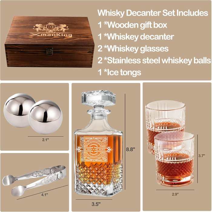 Набір для віскі: декантер, обертові склянки, сталеві кубики, пінцет, дерев'яна коробка для подарунка. Ідеальний подарунок татові та на пенсію