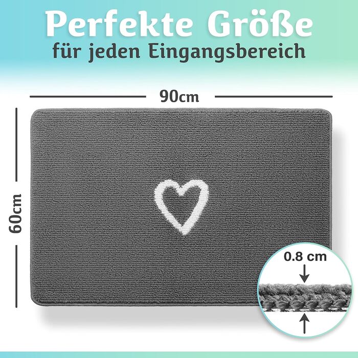 Килимок для дому 60x90 см (серце, сірий) - килимок для вхідних дверей, захист від бруду