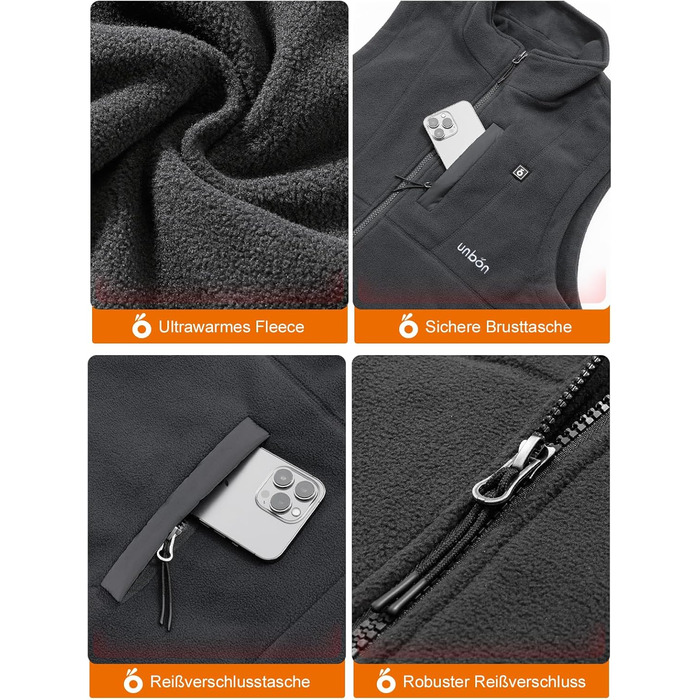 UNBON Гріюча жилетка з флісу, чоловіча жилетка з підігрівом, жилетка з Powerbank 10000mAh USB, 3 режими нагріву, 6 зон нагріву (M, сіра)