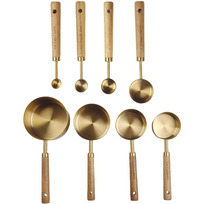 8-Piece Stainless Steel Baking Tool Set, Measuring Cups, Measuring Spoons, Wooden Handle, Kitchen Utensils for Coffee Powder