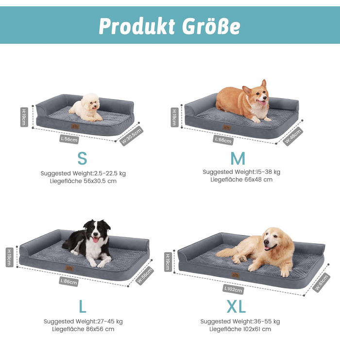 COZY KISS Orthopedic Dog Bed, 19cm Thick Dog Sofa for Medium-Sized Dogs, Removable and Washable Dog Couch, Non-Slip Bottom, Waterproof Inner Lining (Gris-L-Type, L(107 * 76 * 19CM)) (Gray-L-Type, M(91*69*19CM))