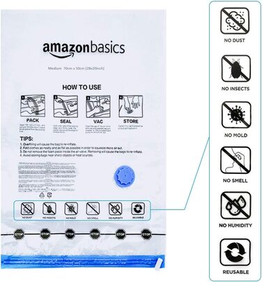 Amazon Basics Garment Bags with Airtight Valve and Hand Pump - Multiple, 3 x Jumbo, 3 x Large, 3 x Medium, 3 x Small, 12-Pack, Zipper, Transparent