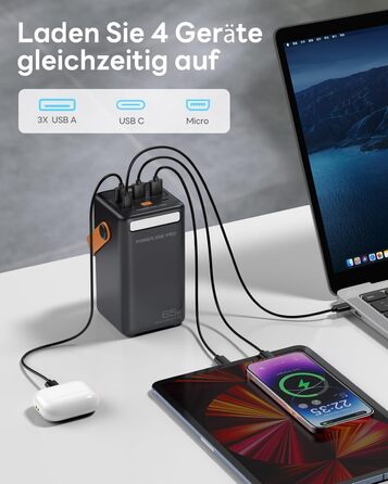 Powerbank 65W з USB-C, 50000mAh, LED дисплеєм, для ноутбуків, MacBook, телефонів (Samsung S23), чорний