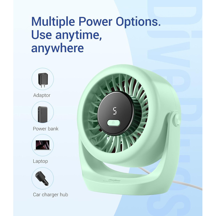 USB Turbo вентилятор для столу TurboBreeze (зелений): тиха робота, LED-дисплей, 5 швидкостей, 360° обертання, портативний