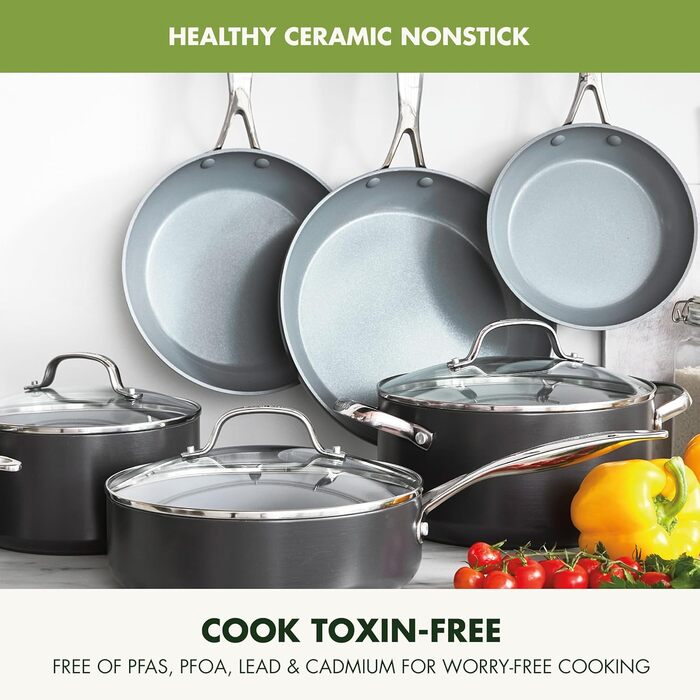GreenPan Valencia Pro Thermolon Healthy Ceramic Non-Stick 11-Piece Cookware Set, Pots and Pans, PFAS-Free, Including Frypans, Saute Pans, Induction, Dishwasher Safe, Oven Safe, Grey Cookware Set 11-Piece