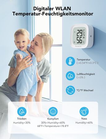 GoveeLife Wi-Fi Hygrometer Thermometer, Digital Indoor Temperature and Humidity Meter with App Notifications, Alarm & Data Storage, Remote Control Suitable for Bedrooms, Wine Cellars