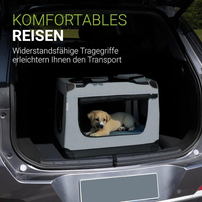 Juskys Collapsible Dog Carrier Box with Blanket, Bag & Handles - Portable Dog Travel Box for Dogs, Cats & Pets - Oxford Fabric Dog Crate, Car Pet Carrier - Grey (70x50x52 cm)