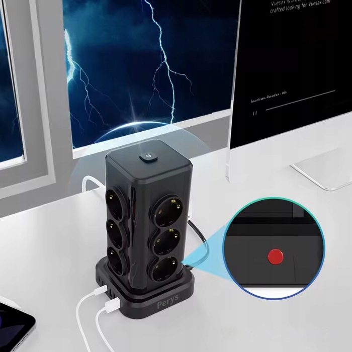 Мережевий фільтр Perys: 12 розеток, 3x USB-A, 3x USB-C, 2 м, чорний