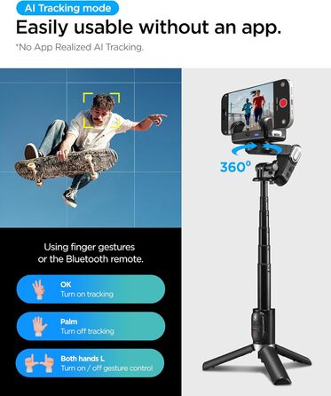 Стабілізатор Gimbal Spigen з розпізнаванням обличчя, селфі-стік, штатив, LED-підсвітка, вертикальне/горизонтальне обертання, сумісний зі смартфонами iPhone, Samsung та іншими