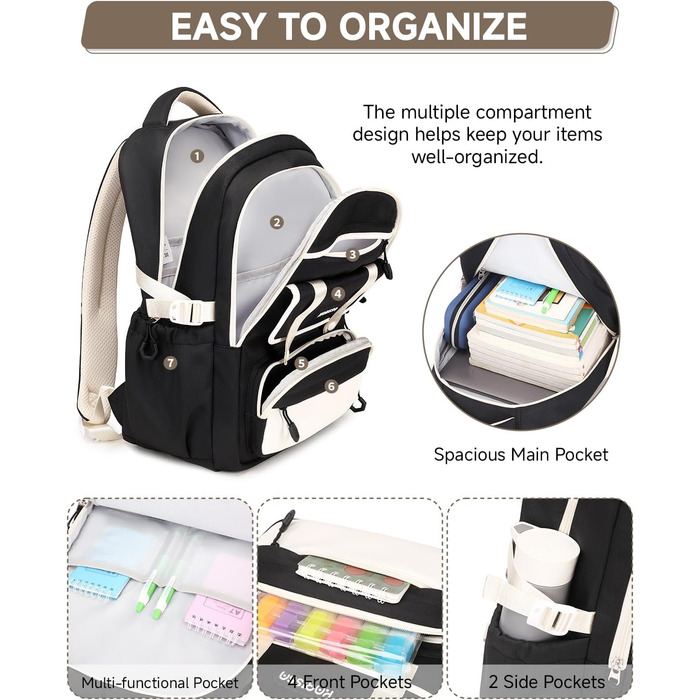 Шкільний рюкзак для дівчаток 2 в 1: рюкзак та сумочка, 3-7 клас, 45 см, чорний