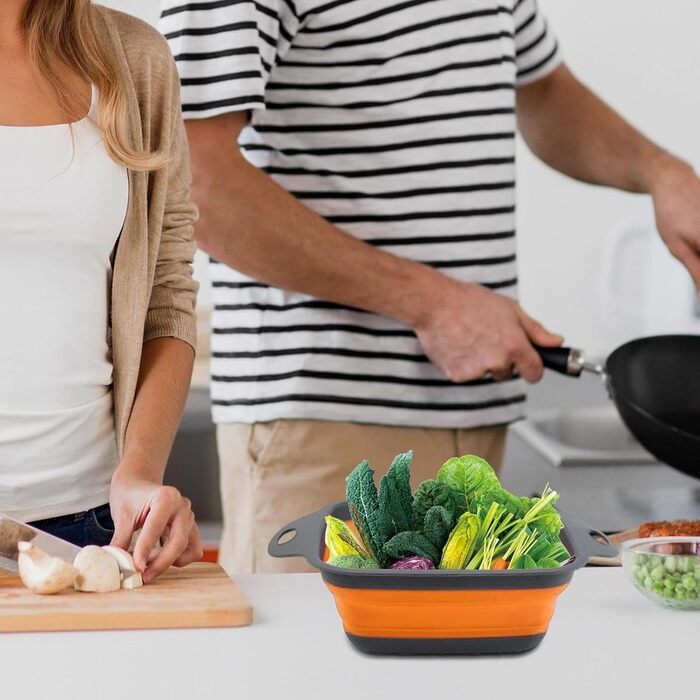 Ситечко для кухні складне, сито для зливання з нержавіючої сталі та силікону, 2 розміри (24.5+29.2 см), помаранчеве