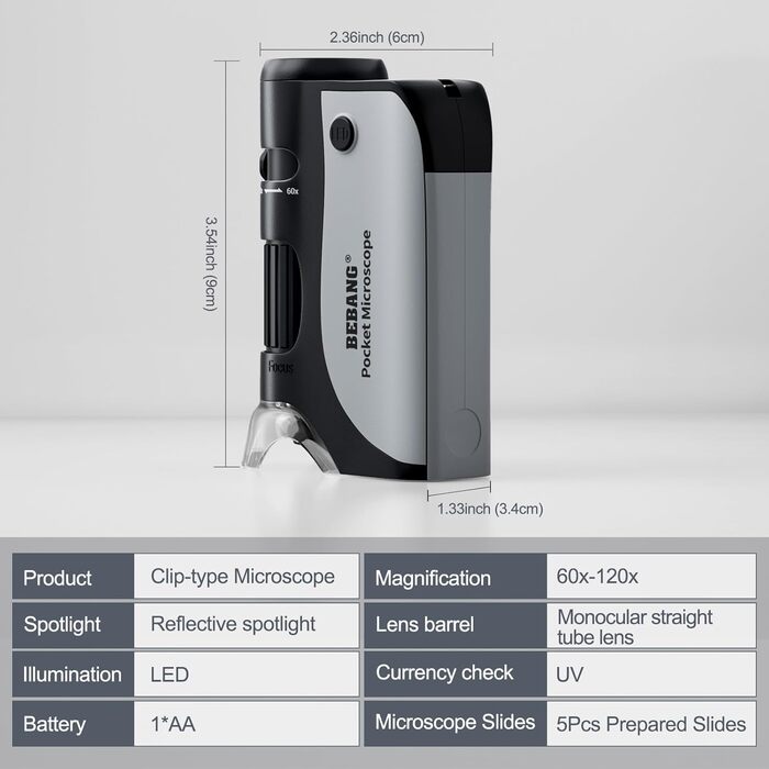 BEBANG Кишеньковий мікроскоп 60x-120x з LED-підсвічуванням, ручний мікроскоп для дітей, студентів та дорослих, для мікробіологічних спостережень, з залізом