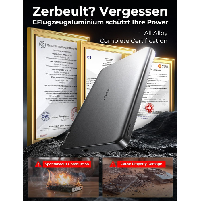 Power Bank Magsafe LISEN 10000mAh для iPhone: Slim, 18W PD USB-C, 10000mAh, сумісний з iPhone 17, 15 Pro Max, 13, Platin-Grau