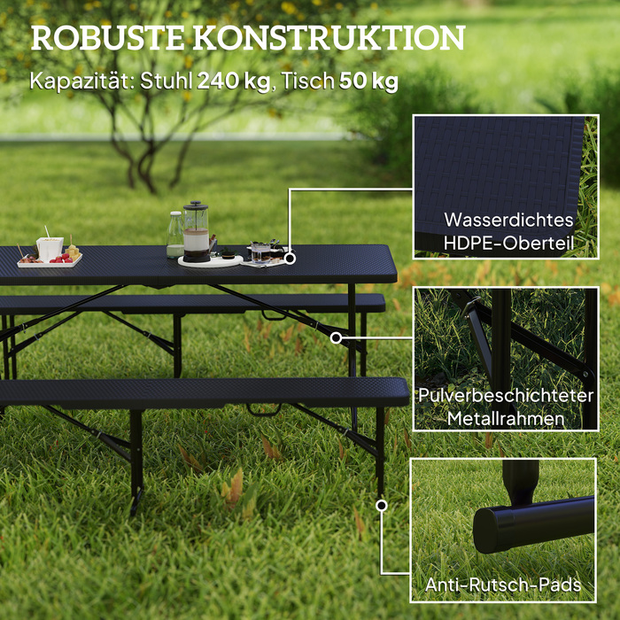 Outsunny 3-Piece Picnic Table and Bench Set, Folding, Plastic & Metal, Black