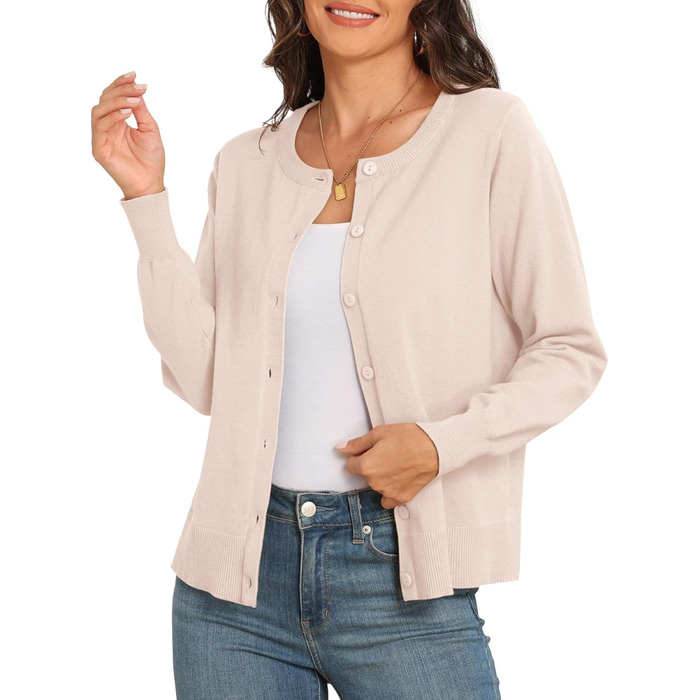 Жіночий в'язаний кардиган PrinStory з круглим вирізом, легкий, на ґудзиках, класичний, кольору абрикос