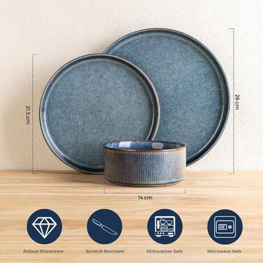 Набір посуду GBhome з каменю, 24 елементи, ручна робота, для 6 осіб, стійкий до миття в посудомийній машині та мікрохвильовій печі, керамічний посуд, блакитний колір