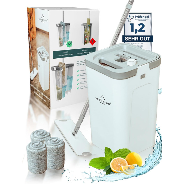 WONDERHOME Floor Wiper Set with Bucket - separates dirt from clean water - innovative 3-chamber mop cleaning set + wringing function - Classic [Order now with extended 140cm pole!]