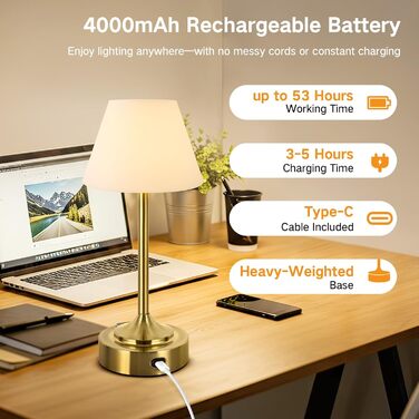 Світлодіодний акумуляторний настільний світильник OUTON 2 шт, USB-C, 3 режими освітлення (3000K-6000K), сенсорне керування, IP54, 53 год, золотий - для ванної, кухні, вулиці