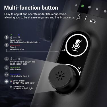 Ігровий мікрофон FDUCE з USB/XLR підключенням для запису подкастів, стрімінгу та співу з RGB-підсвічуванням, регулятором гучності та навушником, з кріпленням-жабою (D30+)