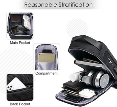 Сумка-слінг SPAHER Anti-Diebstahl з USB-зарядкою та кодовим замком. Чоловіча/Жіноча через плече, водонепроникна для подорожей, з багатьма кишенями (Чорний оксфорд+PU)
