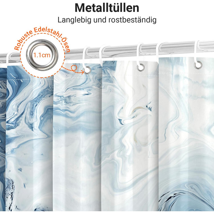 Штора для душу 180x200 см з утяжеленим краєм, антигрибкова, водовідштовхувальна, поліестер, з кільцями (Блакитний градієнт мармуру)