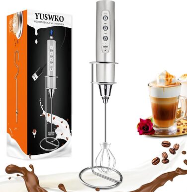 Електричний пінощікач для кави YUSWKO, USB, 3 насадки, 3 швидкості, для лате, капучино, без підставки (срібний)