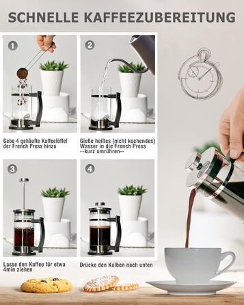 Френч-прес скляний 0,6 л з нержавіючої сталі - набір для приготування кави з запасним фільтром та ложкою - ручна кавомашина для кави та чаю