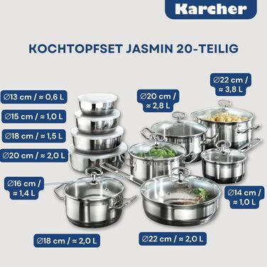 Набір каструль Karcher Jasmin 20 предметів, нержавіюча сталь, для індукції, з кришками, каструлі та сковорода, підходить для всіх плит, посудомийна та духовочна безпека, з мисками з нержавіючої сталі