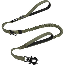 Тактична повідок для собак PetBonus Heavy Duty, 1,5м, еластична, з 2 зручними ручками, фіксатор для авто, No Pull для дресування великих та середніх собак (армійний зелений)