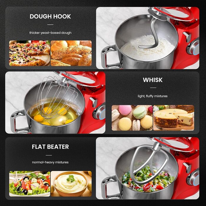 Кухонна машина з міксером, 10 швидкостей, 4.5л, з набором насадок (для випічки, тіста, збивання) - червона
