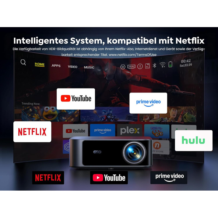 Смарт-проектор Toptro 4K Home Cinema, 1500 ANSI люмен, Full HD 1080p, Netflix, Dolby Audio, двосторонній Bluetooth, WiFi, AI-автофокус та корекція трапеції, для дому та вулиці, чорний