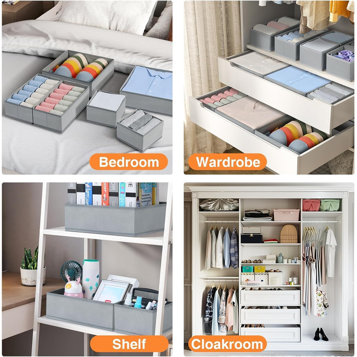Drawer Organizer - Foldable Underwear Organizer Storage Box Fabric 16 Pieces Closet Organizer for Clothes, Socks (15 Pieces, Gray)