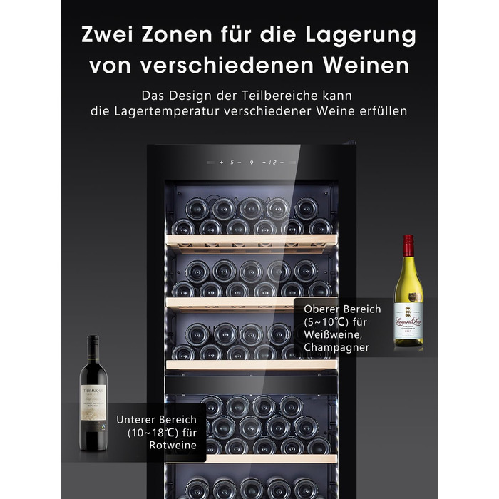Kalamera 45-Bottle Dual Zone Wine Refrigerator - 120 Liter Capacity with LCD Display - 5-10°C/10-18°C Temperature Zones