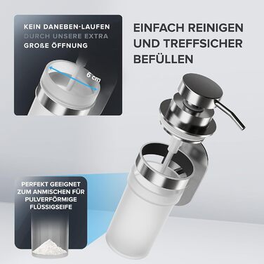 ovimar Soap Dispenser Kegnaes | Silver | Wall Mounting without Drilling | Made of Stainless Steel and White Glass | Extra Large Opening, Easy to Refill | For Bathroom or Kitchen | Hand Sanitizer Dispenser