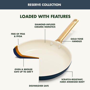 GreenPan Reserve Hard Anodized Healthy Ceramic Nonstick 10 Piece Cookware Pots and Pans Set, Gold Handle, PFAS-Free, Dishwasher Safe, Oven Safe, Twilight Blue (Klein Blau)