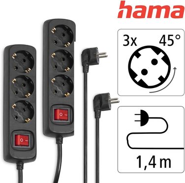 Многорозетка Hama з вимикачем для економії енергії, 3 розетки, чорна, кабель 1.4м, GS-сертифікат, для дому та офісу (2 шт.)