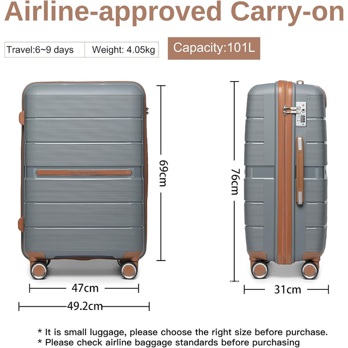 Чемодан British Traveller середнього розміру з TSA-замком, 66 * 43.3 * 28.5 см, 28 л, сірий/коричневий