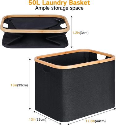 Efluky Foldable Laundry Basket 50L, Bamboo Fabric Foldable Storage Basket, Collapsible Storage Basket, Laundry Baskets for Bedroom Bathroom (Black)