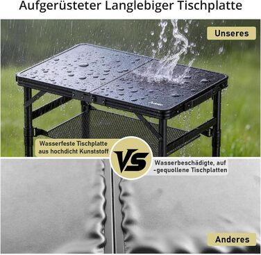 Складний кемпінговий стіл Anbte 58x40 см, алюмінієвий каркас, чорний пластиковий стіл з регульованою висотою (26/48/70 см) для пікніка, саду, балкону з сіткою для зберігання