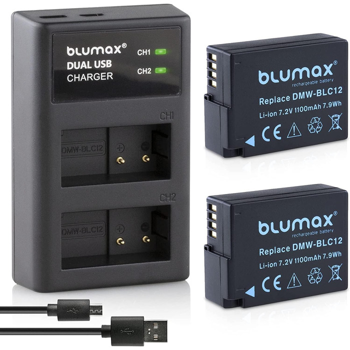 Запасний акумулятор Blumax 1100mAh для Panasonic Lumix: G5, G6, GX8, G70, G81, GH2, FZ200, FZ300, FZ1000, FZ2000, Leica V-Lux 4 + USB зарядний пристрій
