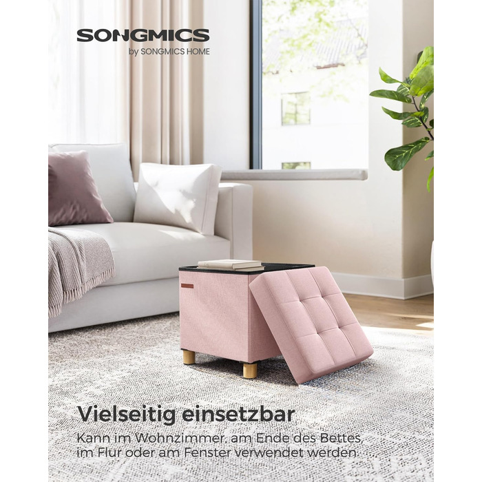 SONGMICS пуф із місцем для зберігання, складаний, 38x38x40 см, пастельно-рожевий, максимальне навантаження 300 кг, для вітальні, спальні, гуртожитку