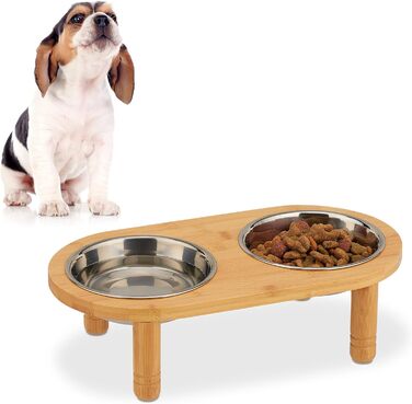 Підставка для корму Relaxdays для маленьких собак, 2 миски по 300 мл, піднята, бамбук та нержавіюча сталь, розміри: 9,5x34,5x18 см, колір: натуральний/сріблястий