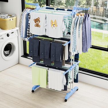 Сушарка для білизни турбо тип, сушарка для одягу з 6 відкидними крилами та 2 боковими крилами, мобільна сушарка для білизни на коліщатках для дому та вулиці, блакитна